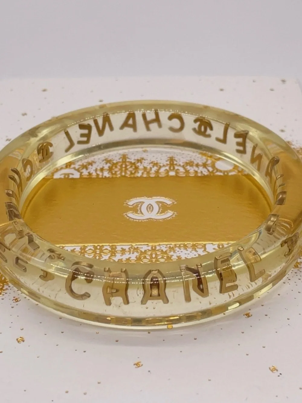 CHANEL LUCITE & Gold Letter Clear Acrylic Bangle - Picture 7 of 12